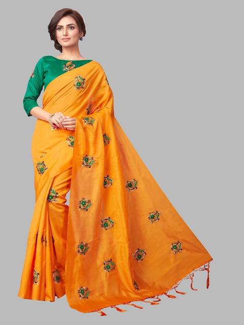 

YOYO Fashion Orange & Green Floral Embroidered Pure Silk Saree