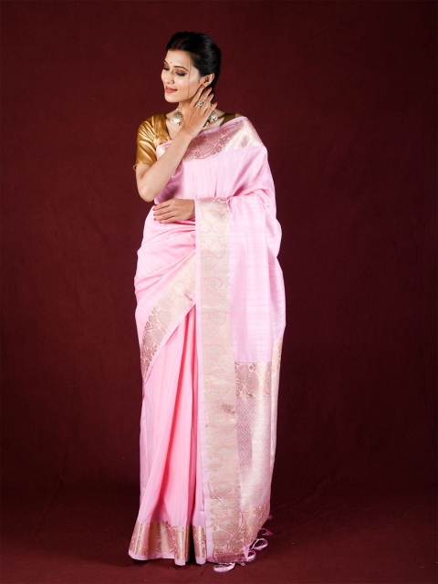 

Exclusiva Pink & Gold-Toned Woven Design Zari Silk Blend Saree