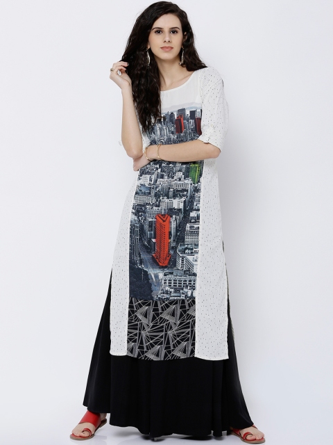 

Vishudh Women White Printed Straight Kurta