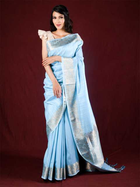 

Exclusiva Blue & Silver-Toned Zari Silk Blend Tussar Saree