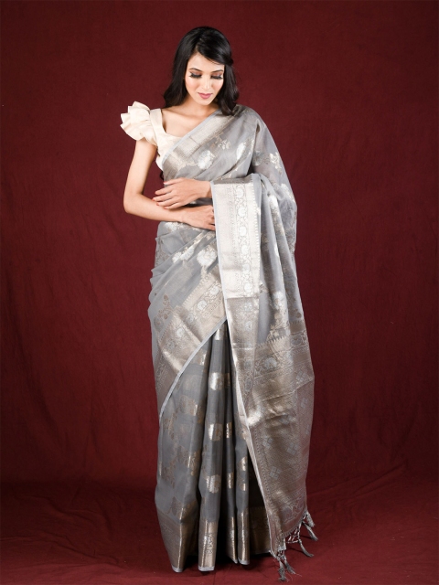 

Exclusiva Grey & Silver-Toned Woven Design Zari Silk Blend Saree