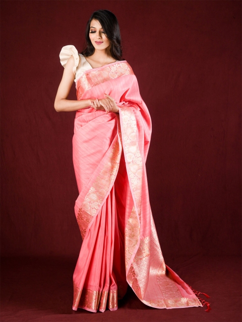 

Exclusiva Pink & Gold-Toned Woven Design Zari Silk Blend Saree