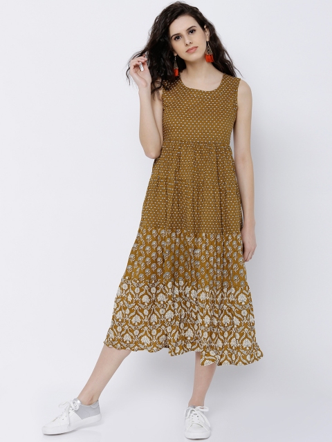 

Vishudh Women Brown Printed Midi Dress