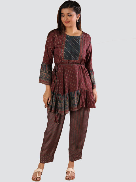 

taruni Women Ethnic Motifs Printed Kurti with Trouser Set, Coffee brown