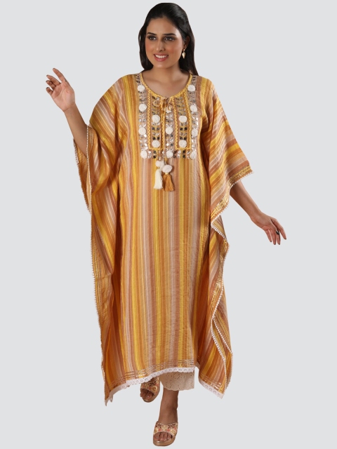 

taruni Women Beige & Yellow Striped Extended Sleeves Gotta Patti Kaftan Kurta