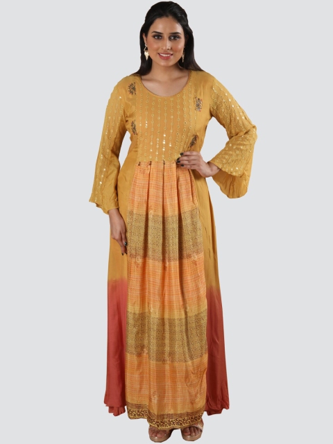 

taruni Woman Mustard-Coloured Embroidered Maxi Long Ethnic Dress
