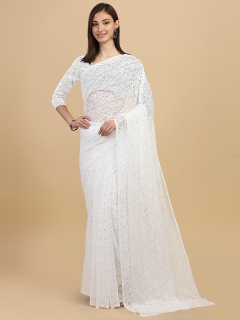 

ORUS Bollywood Fashion White Floral Woven Design Net Saree