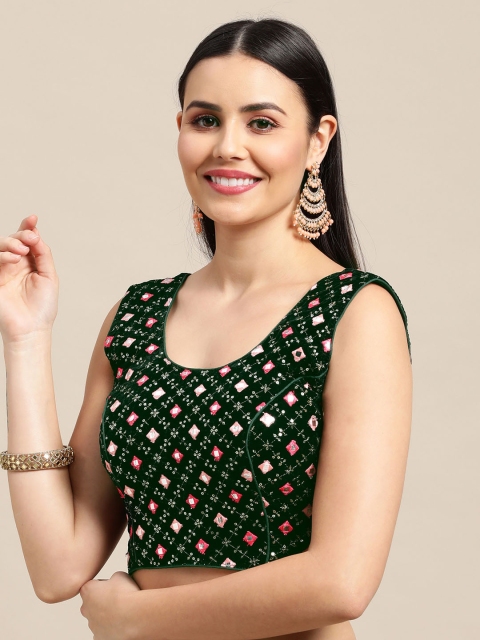

Satrani Green Embroidered Velvet Mirror Work Readymade Saree Blouse