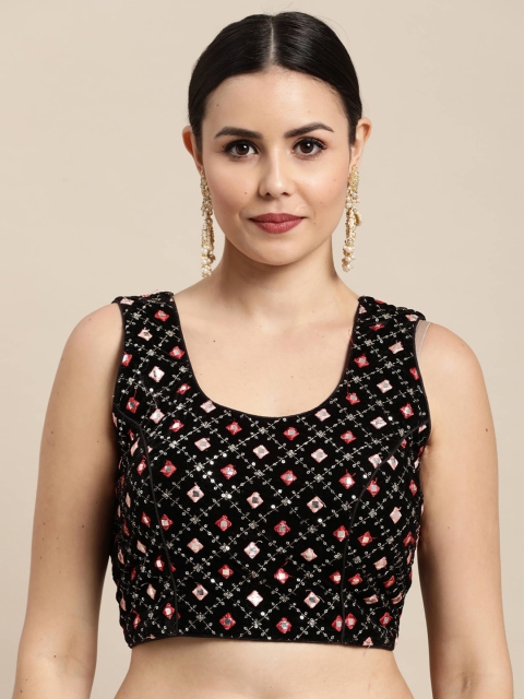 

Satrani Women Black Embroidered Velvet Mirror Work Saree Blouse