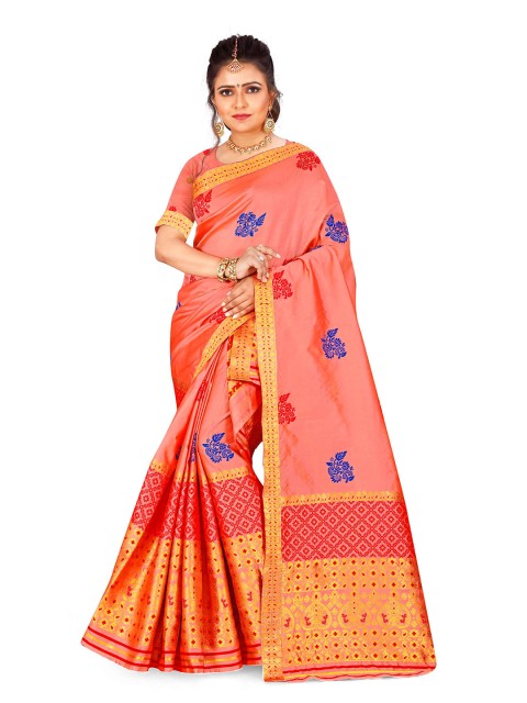 

Skirans Peach-Coloured & Blue Woven Design Zari Saree