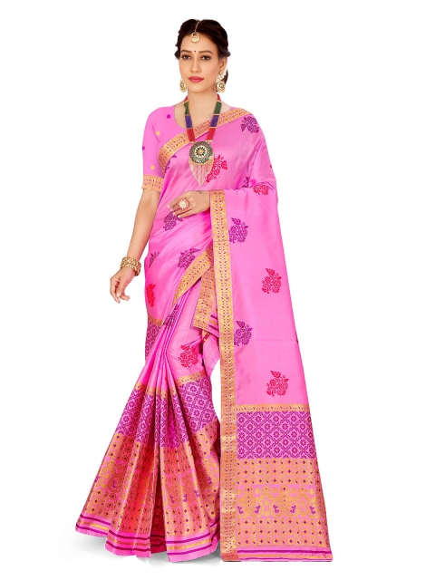 

Skirans Pink & Gold-Toned Floral Zari Saree