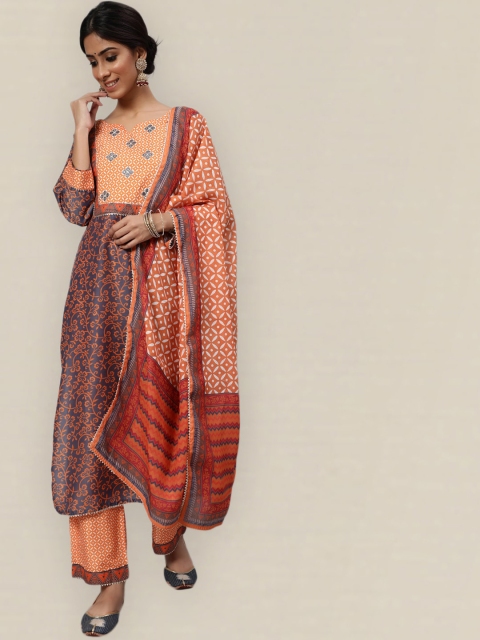 

Sangria Women Orange Ethnic Motifs Printed Empire Kurta with Palazzos & With Dupatta