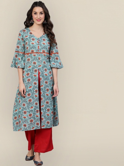 

Sangria Women Green Floral Printed Panelled Pure Cotton Kurta with Trousers