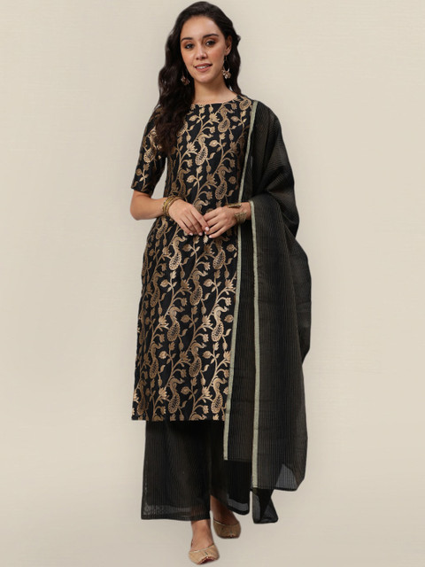 

Sangria Women Black Ethnic Motifs Printed Panelled Kurta & Palazzos With Dupatta