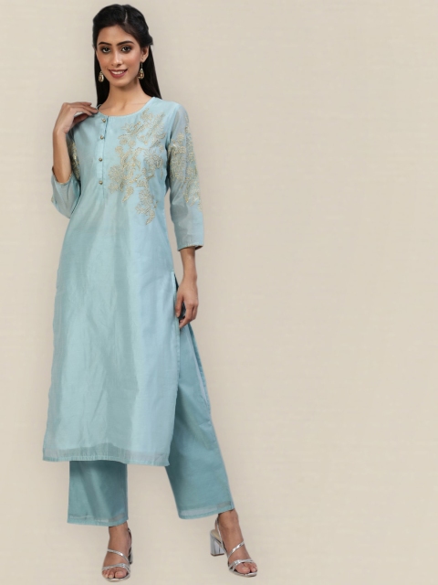 

Sangria Women Blue Ethnic Motifs Embroidered Kurta with Palazzo