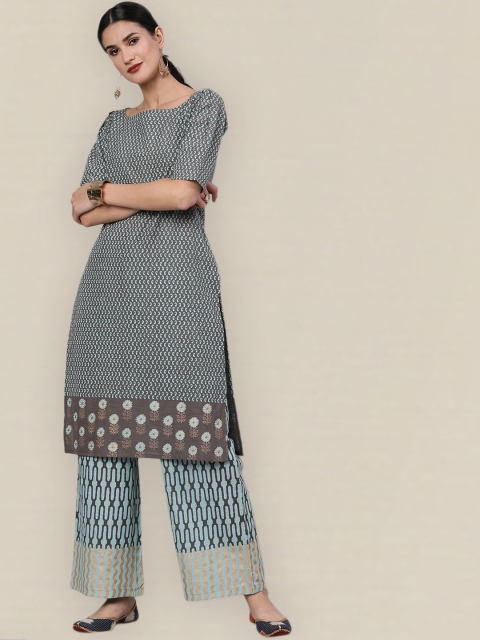 

Sangria Women Grey Ethnic Motifs Printed Pure Cotton Kurta with Palazzo