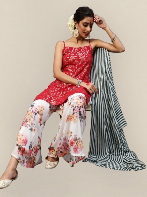 

Sangria Women Red & Gold Printed Kurta With Printed Palazzo & Dupatta