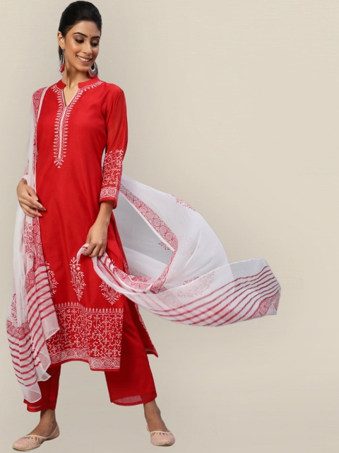

Sangria Women Red Ethnic Motifs Printed Kurta & Trousers With Dupatta