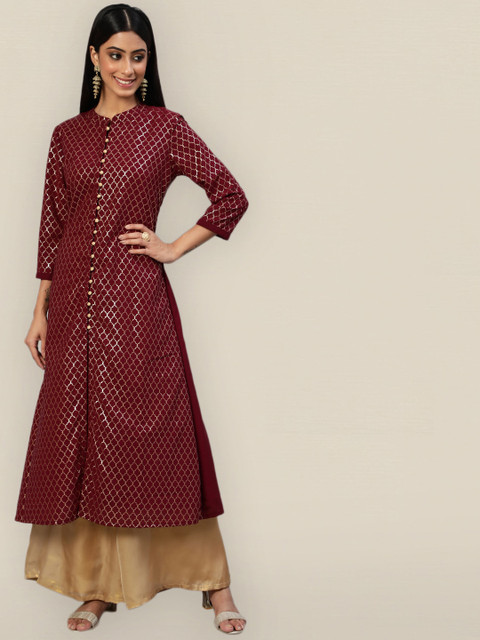 

Sangria Women Geometric Georgette Kurta, Maroon