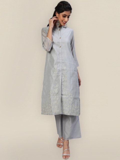 

Sangria Women Grey Embroidered Chanderi Silk Kurta