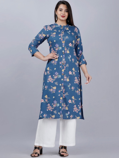 

MAUKA Women Blue and White Floral Printed Rayon A-line Kurta with Palazzo