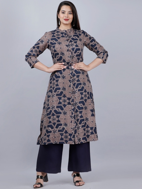 

MAUKA Women Grey and Blue Geometric Printed Viscose Rayon A-line Kurta with Palazzo