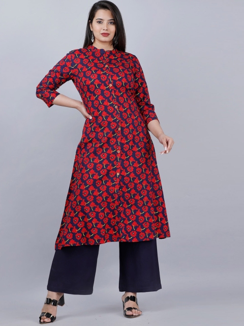 

MAUKA Women Navy Blue and Red Rayon Floral Printed Kurta with Palazzos