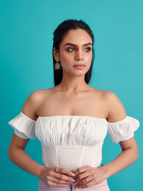 

THE CLOTHING FACTORY Women White Off-Shoulder Pure Cotton Bardot Crop Top