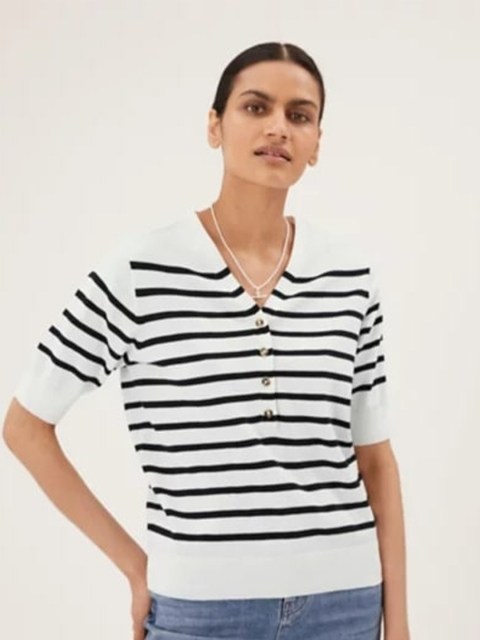 

Marks & Spencer Women Cream-Coloured & Black Striped Cardigan