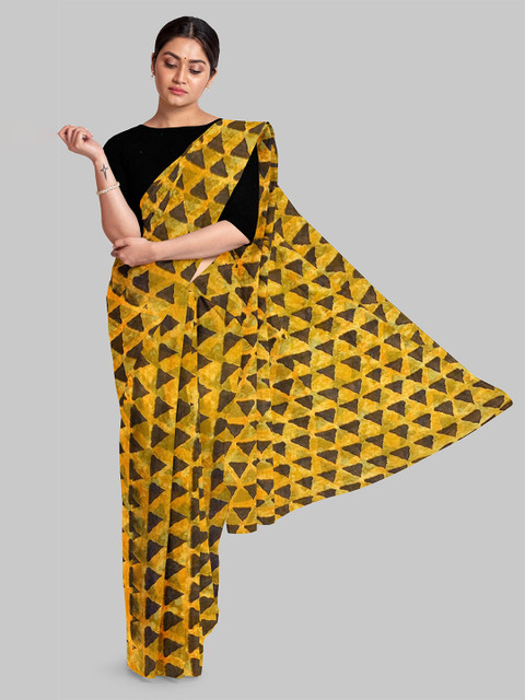 

LEWAWAA Mustard & Black Geomatrc Printed Saree