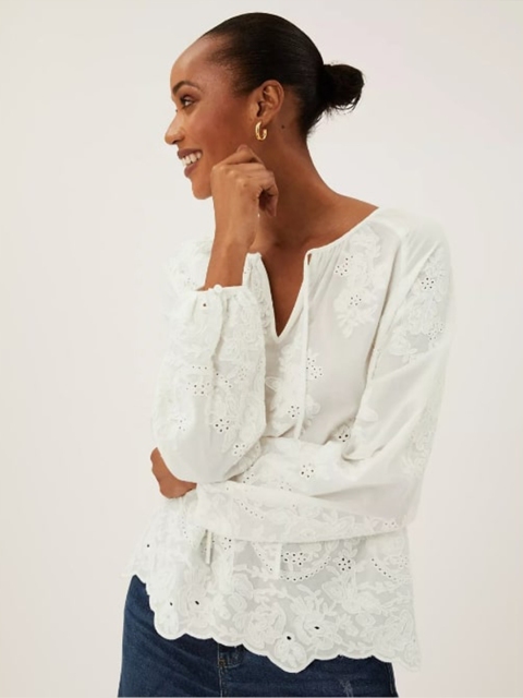 

Marks & Spencer Woman White Embroidered Keyhole Neck Top