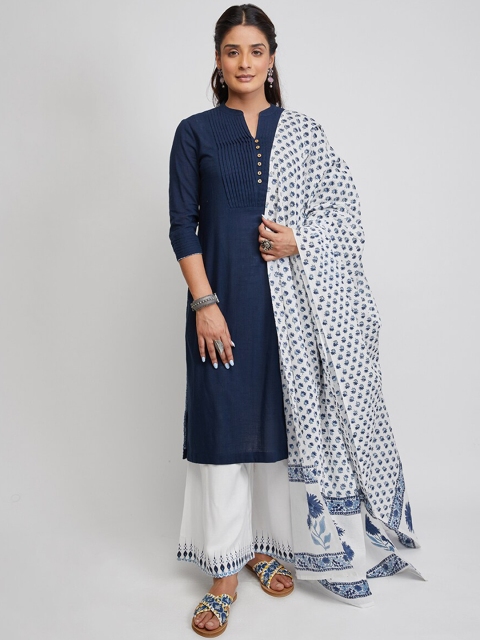 

EK BY EKTA KAPOOR Women Blue V-Neck Pleated Pure Cotton Straight Kurta