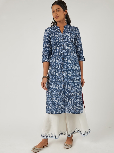 

EK BY EKTA KAPOOR Women Ethnic Printed Shirt Style Cotton Kurta, Blue