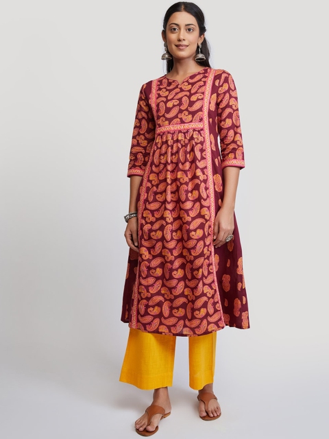 

EK BY EKTA KAPOOR Women Marron & Yellow Paisley Printed Anarkali Kurta, Maroon