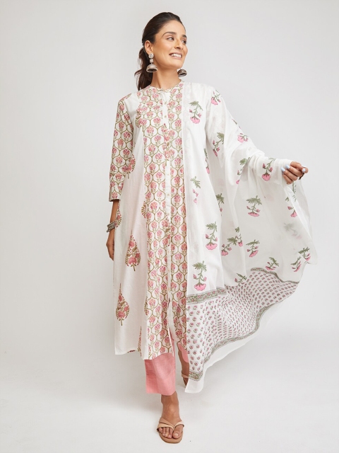

EK BY EKTA KAPOOR White & Pink Printed Pure Cotton Dupatta