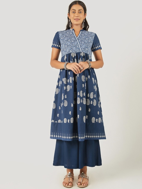 

EK BY EKTA KAPOOR Women Blue Ethnic Motifs Printed Cotton Kurta