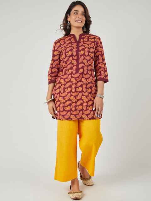 

EK BY EKTA KAPOOR Women Maroon & Yellow Ethnic Motifs Printed Cotton Kurta