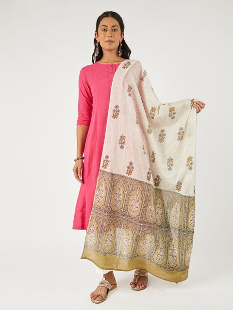 

EK BY EKTA KAPOOR Green & Cream-Coloured Printed Pure Cotton Block Print Dupatta