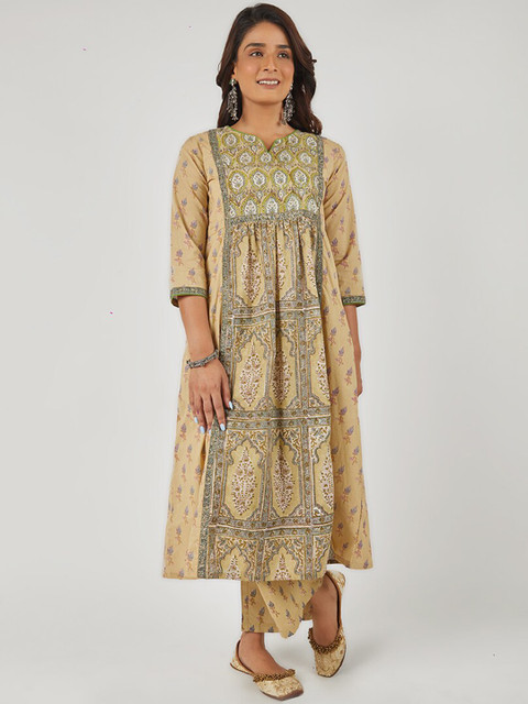 

EK BY EKTA KAPOOR Women Brown Printed Flared Sleeves Mirror Work Anarkali Kurta