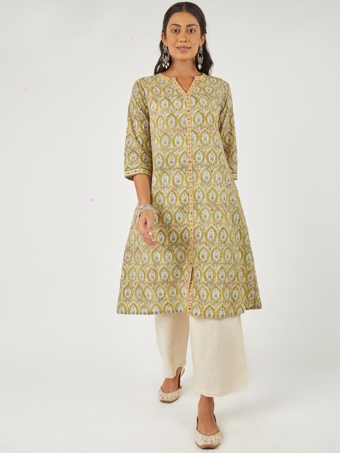 

EK BY EKTA KAPOOR Women Olive Green Printed Cotton A-Line Kurta