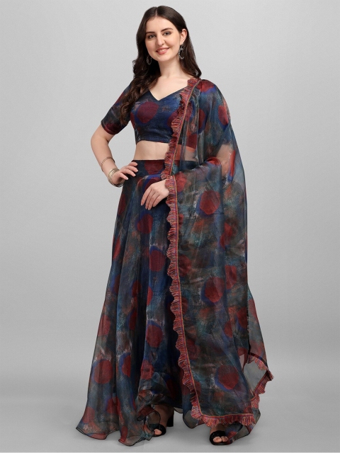 

YOYO Fashion Blue & Brown Printed Semi-Stitched Lehenga & Unstitched Blouse With Dupatta