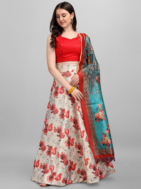 

YOYO Fashion Red & Off White Printed Semi-Stitched Lehenga & Unstitched Blouse With Dupatta