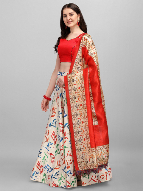 

YOYO Fashion White & Red Semi-Stitched Lehenga & Unstitched Blouse With Dupatta