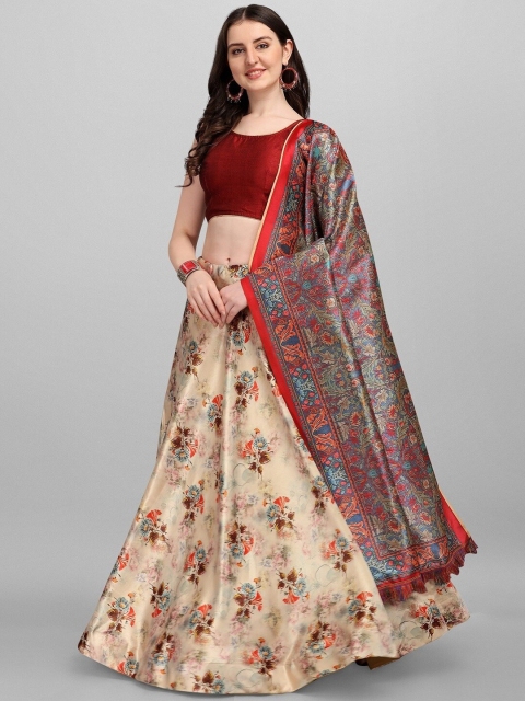 

YOYO Fashion Beige & Maroon Semi-Stitched Lehenga & Unstitched Blouse With Dupatta