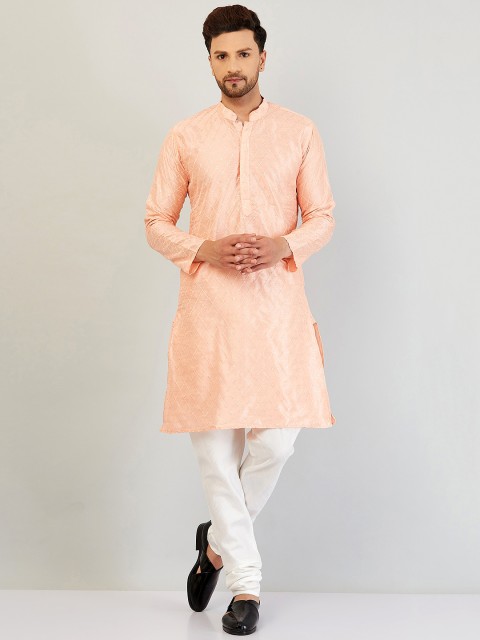 

Armaan Ethnic Men Embroidered Dupion Silk Kurta with Pyjama Set, Peach