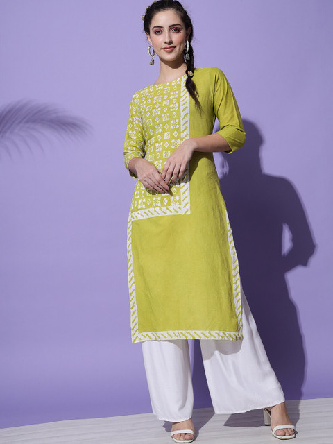 

Sitaram Designer Women Fluorescent Green Printed Cotton Kurta