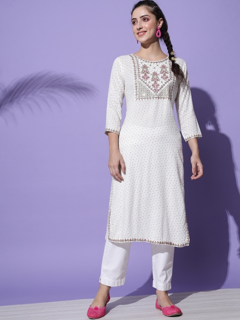 

Sitaram Designer Women White Floral Embroidery Striped Kurta
