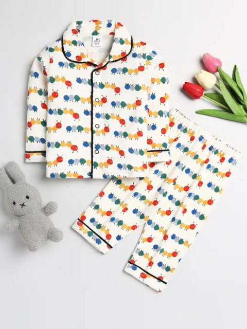 

Clt s Unisex Kids White & Blue Printed Pure Cotton Night suit