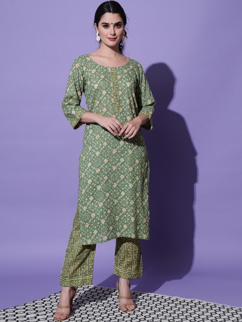 

VAANI CREATION Women Floral Printed Pure Cotton Straight Kurta with Trousers, Green