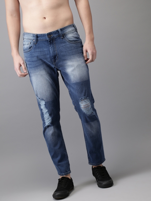

HERE&NOW Men Blue Slim Fit Mid-Rise Distressed Stretchable Cropped Jeans